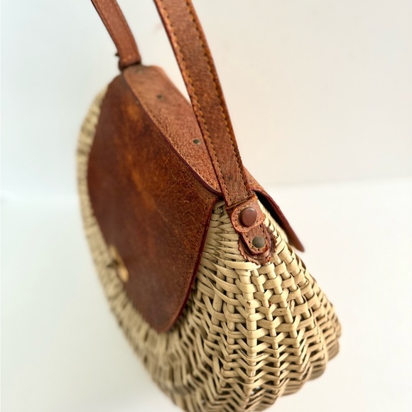 Vintage 50s Art Deco Shell Wicker Leather Basket Bag Retro Rockabilly Pinup Boho - Picture 4 of 11